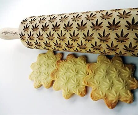 CANNABIS Embossed Rolling Pin Wooden Embossing Dough Roller for Cookies and Ceramic by Algis Crafts