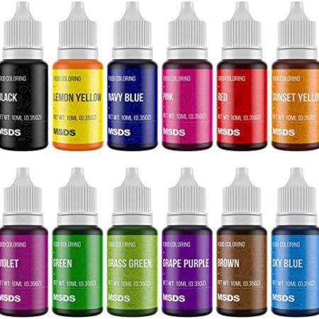 Food Coloring Cake Decorating Set - 12 Vibrant Color Food Grade Food Dye Liquid Edible Tasteless Concentrated Neon Icing Colors Baking Macaron Frosting Fondant Cookie Slime Making DIY Supplies Kit - 0.35 Fl. oz (10 ml)/Bottles